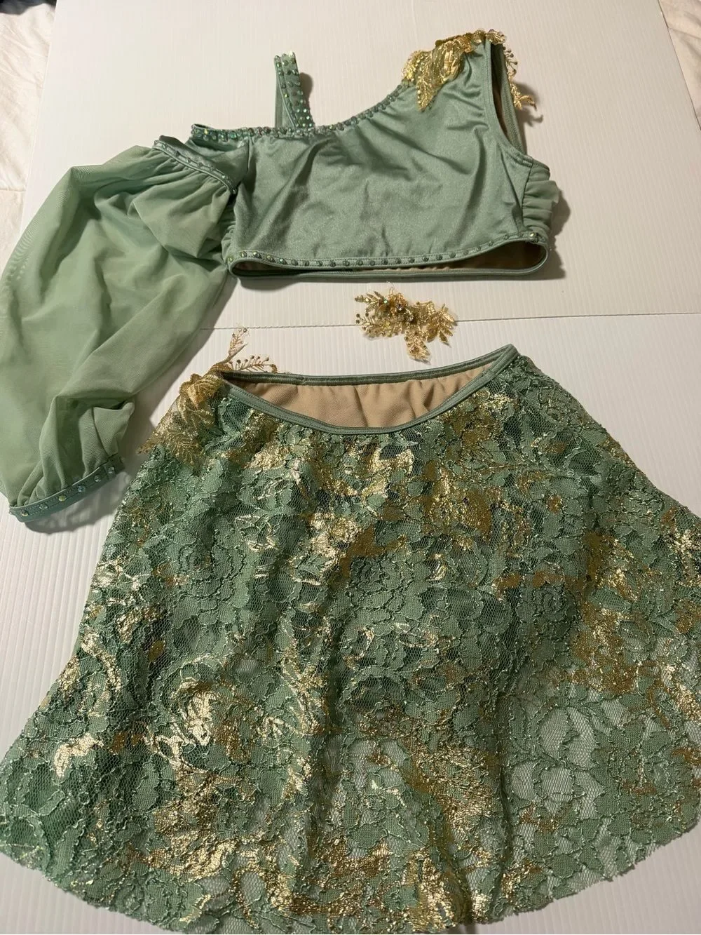 Weissman Elite dance costume 2 piece August 15286 sage green MC-Medium child
